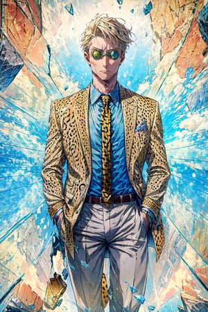 masterpiece, best quality, absurdres, NanamiBase, goggles, grey jacket, yellow necktie, leopard print, blue shirt, collared shirt, grey pants, ,  IncrsBrknGls, broken glass, reflection