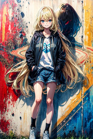 masterpiece, best quality, highres, 1girl very long hair blonde hair curly hair  black hoodie, denim shorts, smile, hands in pockets