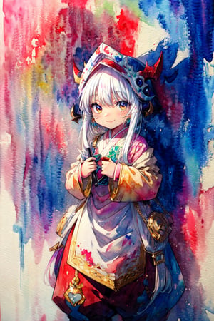 wamudraws, itsunknownanon, pixelsketcher, dimwitdog, canaryprimary, sicmop, (((thick outlines, watercolor:1.1))) BREAK, outdoors, market, (detailed background:1.1), standing BREAK nanachi, narehate, white hair, horned helmet, headdress, pants, smile, looking at viewer