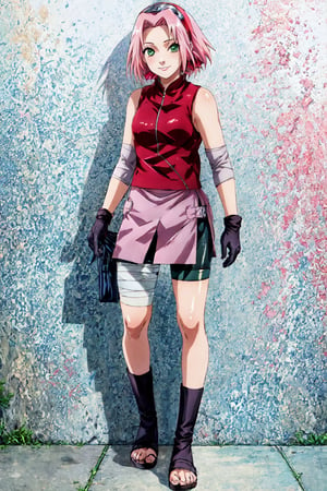 masterpiece, best quality, 1girl,haruno sakura, pink hair,  short hair, green eyes, bike shorts, black gloves, hairband, sleeveless, toeless footwear, bandages,, full body, looking at viewer, standing, smile, solo, (simple background , solid grey background)