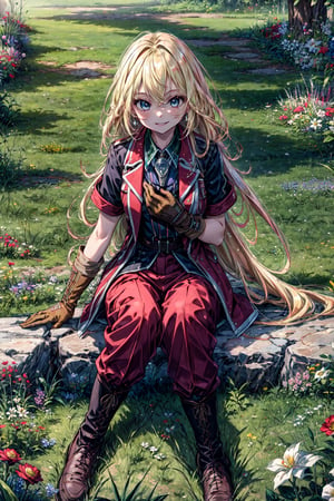 masterpiece, best quality, highres, 1girl very long hair blonde hair curly hair, red jacket whistle short sleeves brown gloves red pants  sitting, on grass, white flowers, smile, hands on own chest