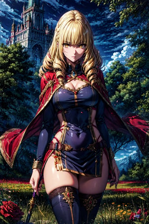 "long shot scenic professional photograph of masterpiece, best quality, (fantasy illustration:1.3), field, destruction field, wide hips, thighhighs, dress, cape, staff, looking at viewer, cinematic, spotlight, , perfect viewpoint, highly detailed, wide-angle lens, hyper realistic, with dramatic sky, polarizing filter, natural lighting, vivid colors, everything in sharp focus, HDR, UHD, 64K"",,", rose_oriana_(kage_no_jitsuryokusha_ni_naritakute!), (blonde hair:1.4), yellow eyes, drill hair, twin drills,CLOUD