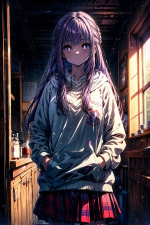 masterpiece, best quality, absurdres, perfect anatomy, 1girl, solo, FernFrieren, very long hair, purple eyes, (purple pupils), indoors, plaid skirt, hoodie, hands in pockets,