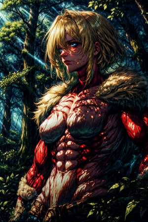 FemaleTitan, giant, in a forest, woods in the background, volumetric fog, skinned, visible muscle fiber, muscle fiber, blonde hair, blue eyes, green woods,