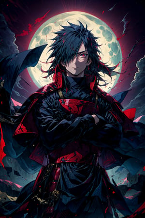 (masterpiece, best quality:1.2), red background, cowboy shot, solo, male focus, 1boy, uchiha madara, expressionless, looking at viewer, crossed arms, long hair, hair over one eye, japanese armor, black gloves, moon as background, dark light, desolated, vilain  