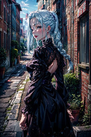 ultra realistic 8k cg, masterpiece, ((ultra detailed background, delicate pattern, intricate detail)), (highly detailed, fine details), best quality, 1girl, (photorealistic:1.4),beautiful lighting, absurdres, RAW photo, film grain, ((medium breasts, slim girl)), 1girl, MeiMei, solo, long hair, braid, dress, hair over one eye, smile, long sleeves, braided bangs, black dress, braided ponytail, white hair, puffy sleeves, holding, turtleneck dress, makeup, grey hair, red lips, one eye covered, lipstick, parted lips, single braid, (complex detailed background, outside, urban environment, cowboy shot, from behind), 