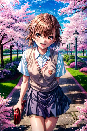 masterpiece, best quality, highres, aamikoto, short hair, hair flower, white shirt, sweater vest, short sleeves, grey skirt, shorts under skirt, , arm behind back, smile, open mouth, leaning forward, standing, cherry blossoms, outdoors