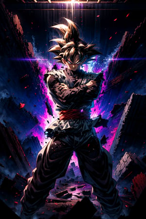 ((masterpiece, best quality)),(complex light),absurdres, highres, 1boy,solo,fighting stance, goku black,black hair,black eyes, ,destroyed debris background,smirk, fire,