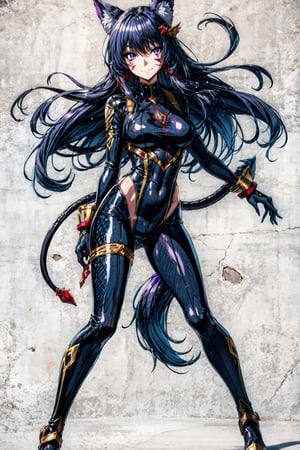 delta, facial mark, purple eyes, large breasts, black long hair, tail, tail ornament, black body suit, standing, legs apart, captivating pose, smirk, simple background