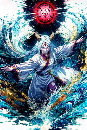 anime style, kaguya, horns, long hair, white hair, third eye, outstretched arms, wide sleeves, robes, tomoe, colored skin, cowboy shot, white background