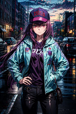 scathach, (masterpiece, best quality:1.2), , cowboy shot, solo, 1girl, scathach \(fate\), expressionless, closed mouth, looking at viewer, hand on hip, long purple hair, baseball cap, hooded jacket, black pants, cityscape street