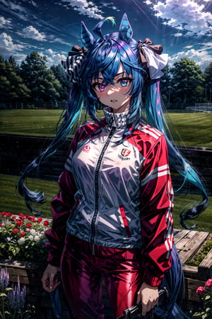 masterpiece, best quality, highres, aatwin, 1girl, multicolored hair, twintails, long hair, hair ribbon, horse tail, sharp teeth, red jacket, track jacket, long sleeves, red pants, , field, cowboy shot, standing,