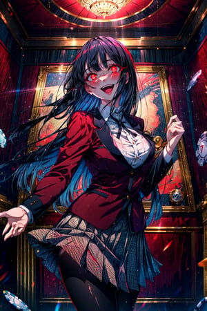 masterpiece, best quality, highres, hmjy1, long hair, blunt bangs, red eyes, school uniform, red jacket, blazer, pantyhose, white shirt, black ribbon, pleated skirt, , cowboy shot, blush, indoors, casino, glowing eyes, outstretched arm, evil smile, open mouth,