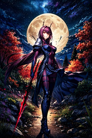 scathach, scathachBodysuit, masterpiece, best quality, absurdres, 1girl, standing, cowboy shot, looking at viewer, serious, forest, moon, night, spear, weapon, gae bolg,EpicSky,Circle