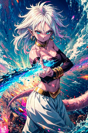 Aura, energy, glowing,swirling energy, dynamic pose, masterpiece, best quality, highres, bbandro, white hair, long hair, messy hair, pointy ears, hoop earrings, blue eyes, pink skin, tail, medium breasts, bare shoulders, strapless, detached sleeves, bracelet, midriff, harem pants, white pants, dragon ball, , standing, cowboy shot