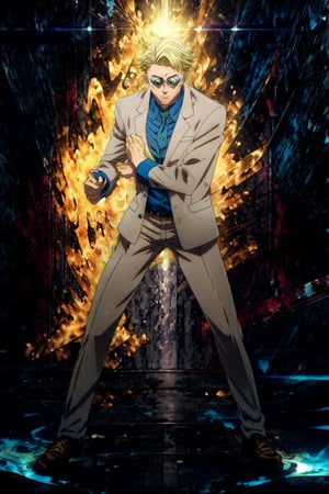 masterpiece,highres,high quality,extremely detailed,solo, , goggles,tinted eyewear, KentoNanami,1man, serious,jacket,formal,suit,collared shirt,blue shirt, full body,fighting_stance,aura,