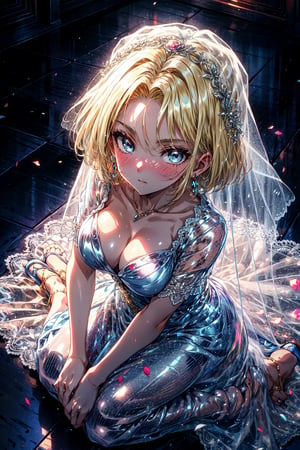 android18, 1girl, solo, breasts, looking_at_viewer, short_hair, blue_eyes, blonde_hair, cleavage, jewelry, medium_breasts, bride, veil, closed_mouth, long_dress, kneeling, from_above, wedding_dress,