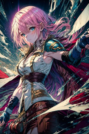 (masterpiece, best quality:1.2), , cowboy shot, solo, 1girl, lightning farron, expressionless, closed mouth, sleeveless, shoulder armor, cape, skirt, fingerless gloves