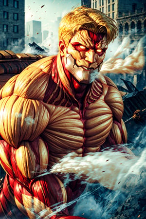 armored titan, muscular, giant, size ratio, short hair, blonde, building, teeth, armor on body, armor on face, light in eyes, steam and smoke, head to knees, red muscles ,