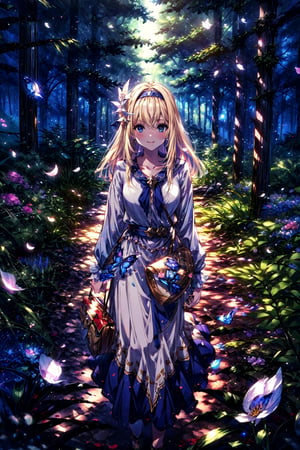 masterpiece,best quality,highres,cinematic lighting,dramatic angle,1girl,, blue eyes,blonde hair,hairband,portrait,taking a walk,forest,woods,butterflies,petals,leaves,branches,looking at viewer,smile,bent over,long skirt,handbag,veil,arms behind back