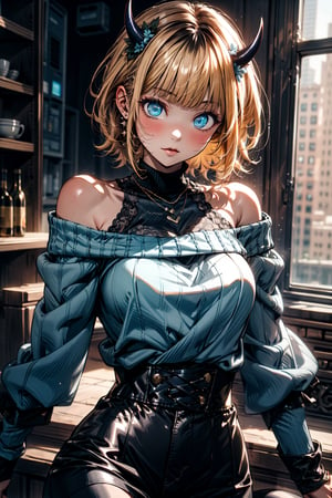 memcho, ,memcho, blonde hair, blue eyes, blunt bangs, demon horns, fake horns, horns, short hair,BREAK bare shoulders, black skirt, (blue sweater:1.5), long sleeves, off shoulder, off-shoulder sweater, puffy sleeves, skirt, sweater, white ribbon,BREAK looking at viewer,BREAK indoors,BREAK , (masterpiece:1.2), best quality, high resolution, unity 8k wallpaper, (illustration:0.8), (beautiful detailed eyes:1.6), extremely detailed face, perfect lighting, extremely detailed CG, (perfect hands, perfect anatomy),