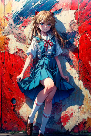 souryuu asuka langley, brown hair, interface headset, suspender skirt, red ribbon, white shirt, school uniform, socks, shoes (best quality, masterpiece, RAW photo,ultra-detailed:1.2), ,1girl,solo,looking at viewer,smile