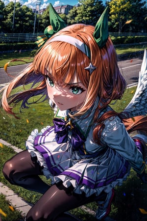 masterpiece,realistic, ,1girl,silence suzuka (umamusume),silence suzuka(Racing),horse girl,horse ears,horse tail,orange hair,green eyes,long hair,ear covers,hairband,black gloves,black bowtie,layered sleeves,purple pantyhose,asymmetrical footwear,solo,on grass, outdoors,running,speed lines, from side, serious, racing, angel wings,aasuzuka