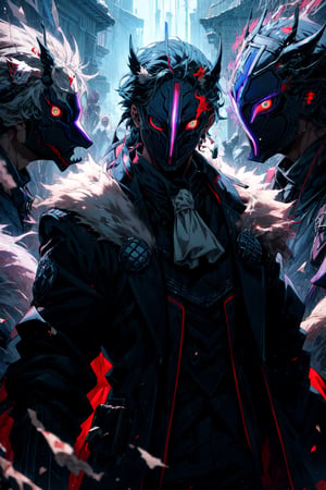 (best quality), (bfsks), male focus, (mask:1.2), (claws), (white fur), jacket, looking at viewer, horor \(theme\), body fur, cracked mask, torn clothes, ((monster))