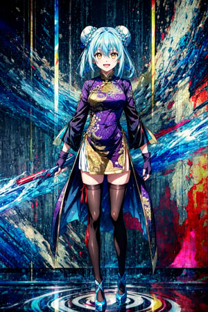 (masterpiece, best quality),ray tracing,absurdres, HDR,1girl,rimuru tempest, hagun, long hair,light blue hair, solo, yellow eyes,large breats ,gloves, thighhighs, open mouth, , smile, fingerless gloves, hair bun, chinese clothes, full body, double bun, standing, dress, looking at viewer, china dress, :d, arms at sides