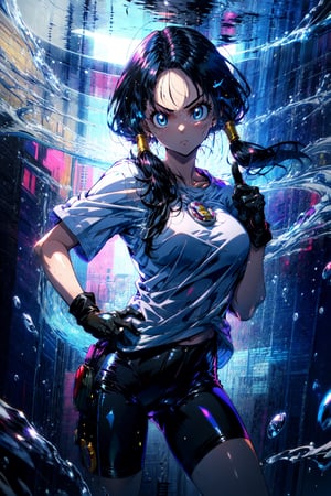 masterpiece, best quality, highres, videl2, solo, blue eyes, black hair, twintails, black gloves, bike_shorts, bangs, white shirt, badge, medium breasts, , cowboy shot, frown, hand on hip, leaning forward, pointing at viewer,