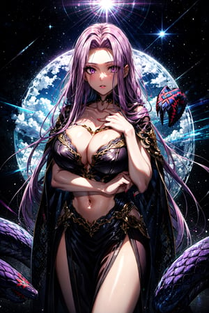 ((MedGorg)), 1girl, solo, long hair, looking at viewer, large breasts, cleavage, very long hair, purple eyes, collarbone, purple hair, parted lips, huge breasts, parted bangs, bustier, slit pupils, cowboy shot, scales, snake hair,EpicArt,Circle