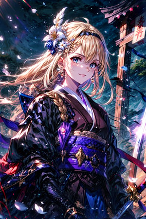 masterpiece,best quality,highres,cinematic lighting,dramatic angle, ,blonde hair,hair ornaments,hair flower,hairband,blue eyes,costume7,furisode,long sleeves,ribbon,braid,flower,hairband,japanese clothes,kimono,sash,petals,obi,Unsheathing Sword,katana,holding,jinja,torii,looking at viewer,smile, ,lens flare,dynatic angle