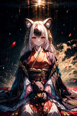 masterpiece,best quality,highres,cinematic lighting,dramatic angle,1girl, ,1girl,animal ears,japanese clothes,black open jacket,obi,smile,looking at viewer,brown eyes,holding stuffed toy,cowboy shot,sitting,multicolored hair,(black hair:white hair:0.86),frills,claws,black elbow gloves,(open mouth:0.43),happy