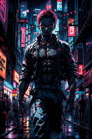 masterpiece,best quality,high quality,digital illustration,super detailed,vibrant colors,akaza,neon lights,looking at viewer,cyberpunk city background,detailed background,neon aesthetics,perfect lighting,