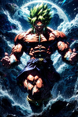 broly, legendary super saiyan, green hair, spiky hair, white eyes, muscular, tall, black bracelets,