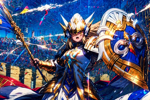 masterpiece,best quality,highres,1girl,,,alternative1,white helmet,white armor,middle blue skirt,holding flag staff,waving flag,shield,dynatic angle,motion blur,open mouth,covered eye,unevolved,liberty leading the people