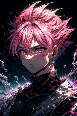 (masterpiece, best quality:1.2),RAW photo, intricate details, 8k uhd, soft lighting, 1boy, solo, spiked hair, pink hair, pink eyes, super saiyan, single earring, dougi