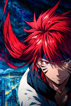 score_9, score_8_up, score_7_up, source_anime, rating_safe, , anime screencap, anime coloring, official style, , , 1boy, solo, male focus, , guy_crimson, red hair, red eyes, long hair, facial mark, from above, mountaintop city, night, crescent moon, (dynamic pose), smirk, teddy bear costume, 
