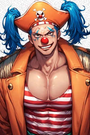 score_9, score_8_up, score_7_up, source_anime, solo, 1boy, Buggy, blue hair, black eyes, clown nose, clown makeup, pirate hat, orange coat, red and white striped shirt, chin hair, middle aged man, crooked smirk, pectorals, man, portrait, close up, standing, looking at viewer, standing, patterned background