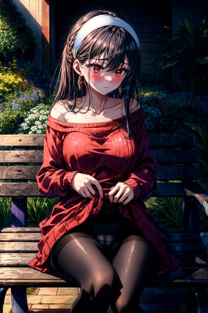 masterpiece, best quality, highres, bbyorf, long hair, white hairband, red eyes, gold earrings, large breasts, jewelry, off shoulder, red sweater, sweater dress, long sleeves, black pantyhose, , (dress lift:1.3), panties under pantyhose, sitting, bench, embarrassed, blush, outdoors