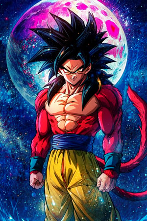 ((masterpiece,best quality)), , Super_Saiyan_4_Goku, 1boy, male focus, detailed handsome face, super saiyan, tail, wristband, pants, red fur, black hair, solo, smiling, looking at viewer, cowboy shot, giant moon, starry sky,