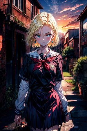 best quality, highres, and18, 1girl, android 18, solo, blonde hair, blue eyes, short hair, earrings, jewelry, medium breasts, , cowboy shot, street, (school uniform:1.2), off-the-shoulder, sunset,