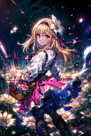 masterpiece,best quality,highres,cinematic lighting,dramatic angle,1girl,,hair ornament,hair ornaments,hairband,hair flower,costume2,blonde hair,blue eyes,portrait,village girl,holding basket of flowers,long pink skirt,frills,white topwear,boots,black pantyhose,yellow bowtie,hairband, ,smile looking at viewer