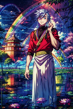 best quality,PIXIV, Douma, 0.8, (rainbow eyes::1.5), fire,1man standing in front of a lotus garden, long blond silver hair, smiling, cow-boy shot, sky red,lotus garden,