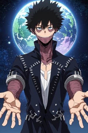 score_9, score_8_up, score_7_up, source_anime, rating_safe, intricate details, anime screencap, anime coloring, official style, , , 1boy, solo, male focus, , dabi_bnha, black hair, blue eyes, short hair, spiked hair, hair between eyes, bangs, scar, burn scar, scar on face, piercing, stitches, , , , upper body, space, planets, dawn, outstretched arms, naughty smile,