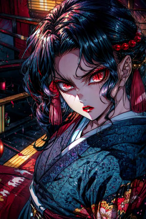 (masterpiece:1.2, best quality), MuzanFemale, 1girl, red eyes, kimono, black hair, solo, looking at viewer, red lips, makeup, upper body, lipstick, hair ornament, earrings, jewelry, long hair, angry, closed mounth, standing, cinematic lighting, tradional japanese interior, demonic, red particles, detailed background, complex structures, hyperdetailed sharp face, dynamic pose