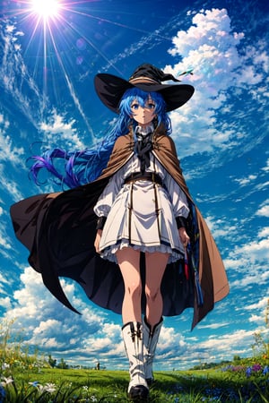 score_9, score_8_up, score_7_up, score_6_up, source anime, BREAK  yxorpnxl, roxy migurdia, 1girl, solo, outdoors, witch hat, white boots, sky, brown cape, day, grass, cape, looking at viewer, cloud, hair between eyes, standing, full body, blue sky, long sleeves, crossed bangs, very long hair, wind, brown cloak, sun, parted lips, black ribbon, leaf, white shirt, floating hair, black headwear, hair ribbon, from below