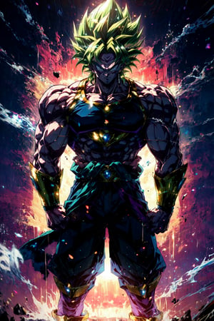 broly, legendary super saiyan, green hair, spiky hair, white eyes, muscular, tall, black bracelets,midjourney