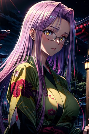  (masterpiece:1.4), (best quality:1.4), 1girl, , medusa (rider) (fate),long hair, medusa (fate), purple hair, solo, yellow eyes,large breasts, very long hair, (yukata 1.3), glasses, night, (confused), ((hands out of frame)), japanese temple