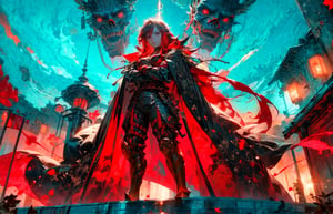 masterpiece,best quality,1girl,MaouNobu,Maou bodyarmor,red hair,long hair,expressionless,standing,crossed arms,step on viewer,red sky,from below,weapon